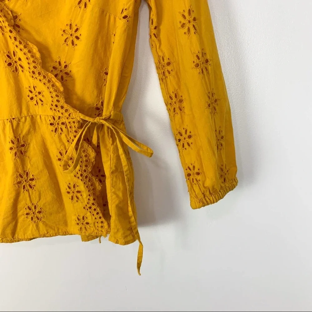 Madewell Mustard Yellow Scalloped Eyelet Wrap Top SIze Extra Extra Small - Picture 6 of 16